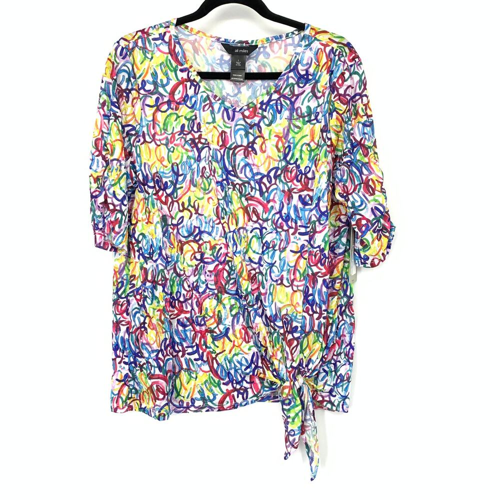 Ali Miles Half Sleeve Blouse Art To Wear Multicolor Scribble Print Womens L NEW